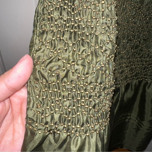 IPSA Anthropologie 100% Silk Olive Green Satin Beaded Peplum Blouse Size Medium - Picture 4 of 9